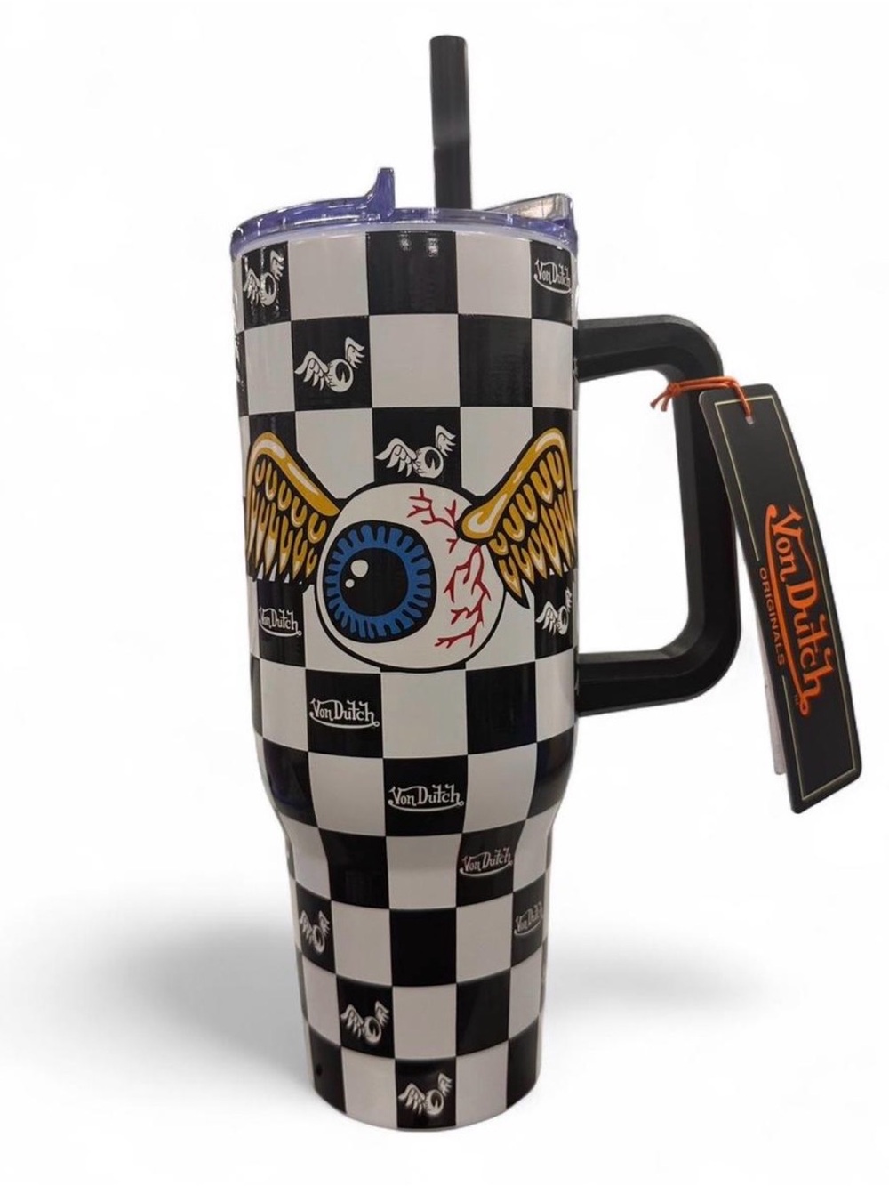 Von Dutch Black & White Checkered Tumbler with Winged Blue Eyeball